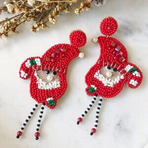 Elf Gnome Christmas Holiday Artisan Made Seed Beaded Earrings